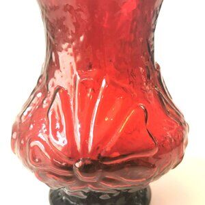 1950s Anchor Hocking Ruby Red Art Glass Vase Black Base Mid Century 5.5"